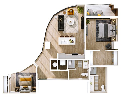 Floor plan for 2 beds, 2 baths, 1069 sqft